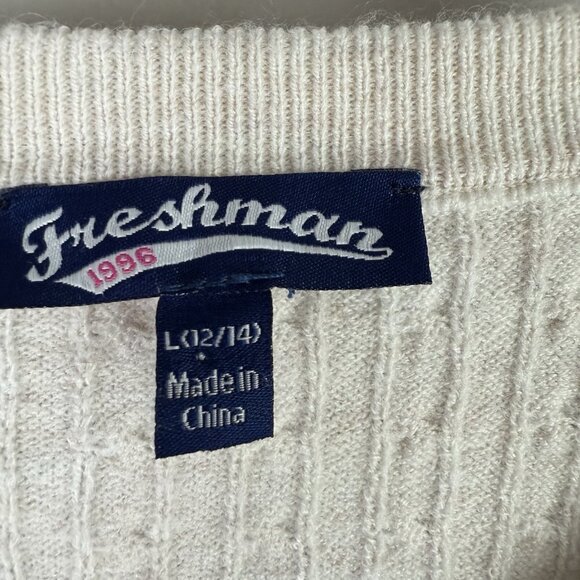 Freshman 1996 Cable Knit Cardigan Sweater L White Button Up Preppy Flaw - Picture 6 of 8